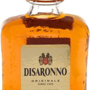 A small Disaronno liqueur bottle—it's got that iconic square shape, right? With a shiny gold cap sitting pretty on top. The plain background lets it stand out, like it’s begging for your attention.