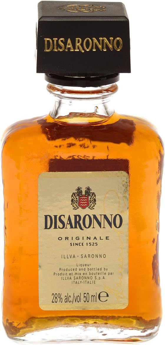 A small Disaronno liqueur bottle—it's got that iconic square shape, right? With a shiny gold cap sitting pretty on top. The plain background lets it stand out, like it’s begging for your attention.