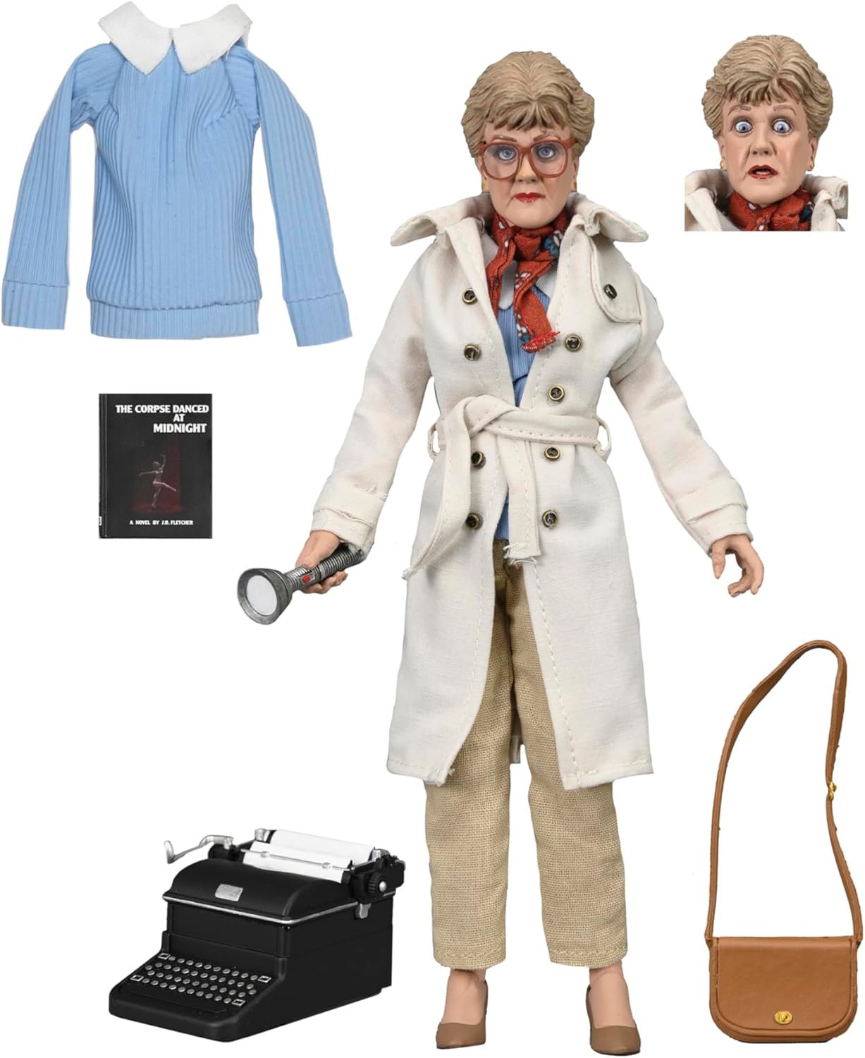 Jessica Fletcher doll rocking a chic burgundy dress — it's classy, but not too fussy. She’s got that cute matching handbag and, of course, her iconic hairstyle. Her expression? Oh, just friendly enough to make you feel like she’s about to solve a mystery right in your living room.