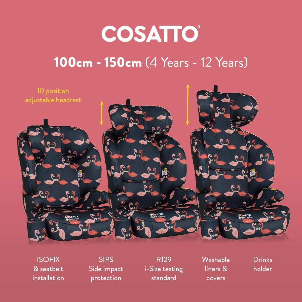 Cosatto Ninja 2 iSize Car Seat - from 100-150cm, Approx 4 Years - 12 Years, R129 High Back Booster, 10 Position Headrest, Easy Install Seatbelt or ISOFIX Fitting, Forward Facing (Carnival) - Image 6