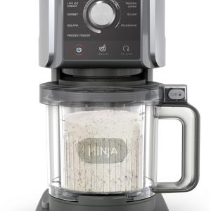 Sleek silver Ninja Deluxe ice cream maker—comes with three big 709ml tubs. And that creamerizer paddle? It’s no joke, seriously makes ice cream magic happen.