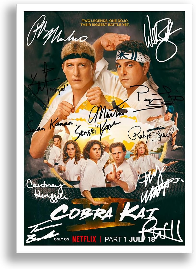 Cobra Kai Season 6 poster—bold colours pop right at you, the autographs, yeah, they're real too. Framed in sleek black, those bevel-edged mounts add a slick touch. Perfect for fans.