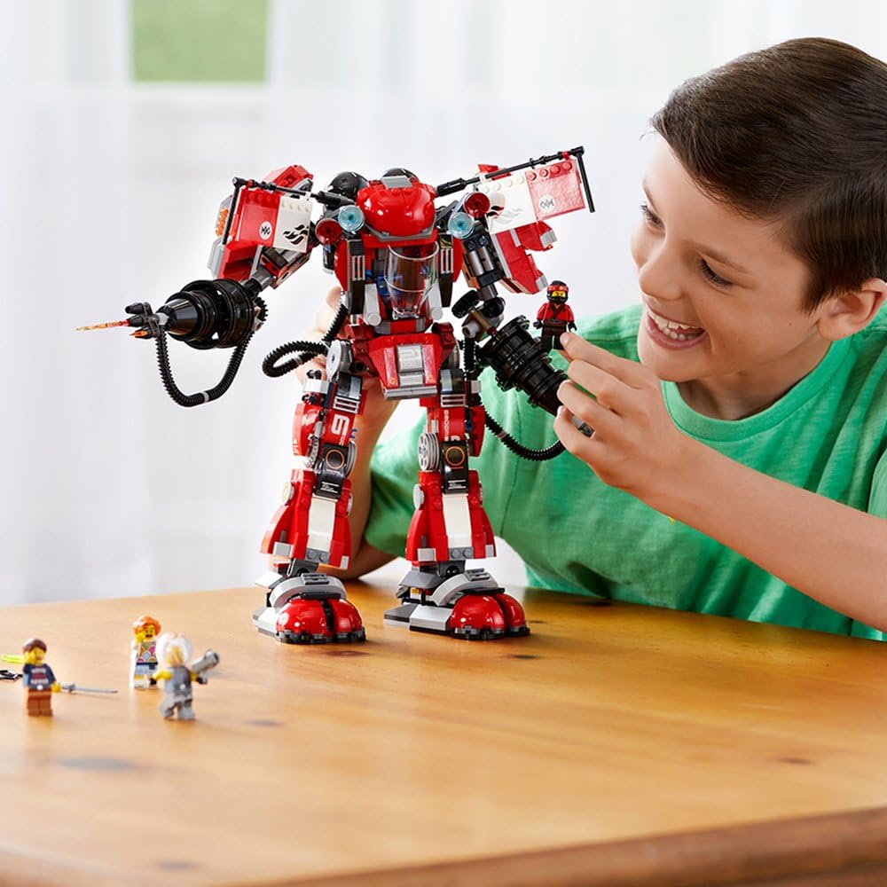 LEGO Ninjago Fire Mech set—check out this eye-popping, multicoloured robot! Its arms and legs? Totally poseable. Plus, it comes with six minifigures to kickstart your imagination.