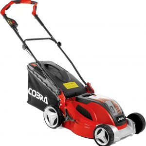 Cobra MX4140V electric lawn mower—rocking a bold red body with a sleek black handle, just chillin' on the grass, ready to tackle your lawn care.