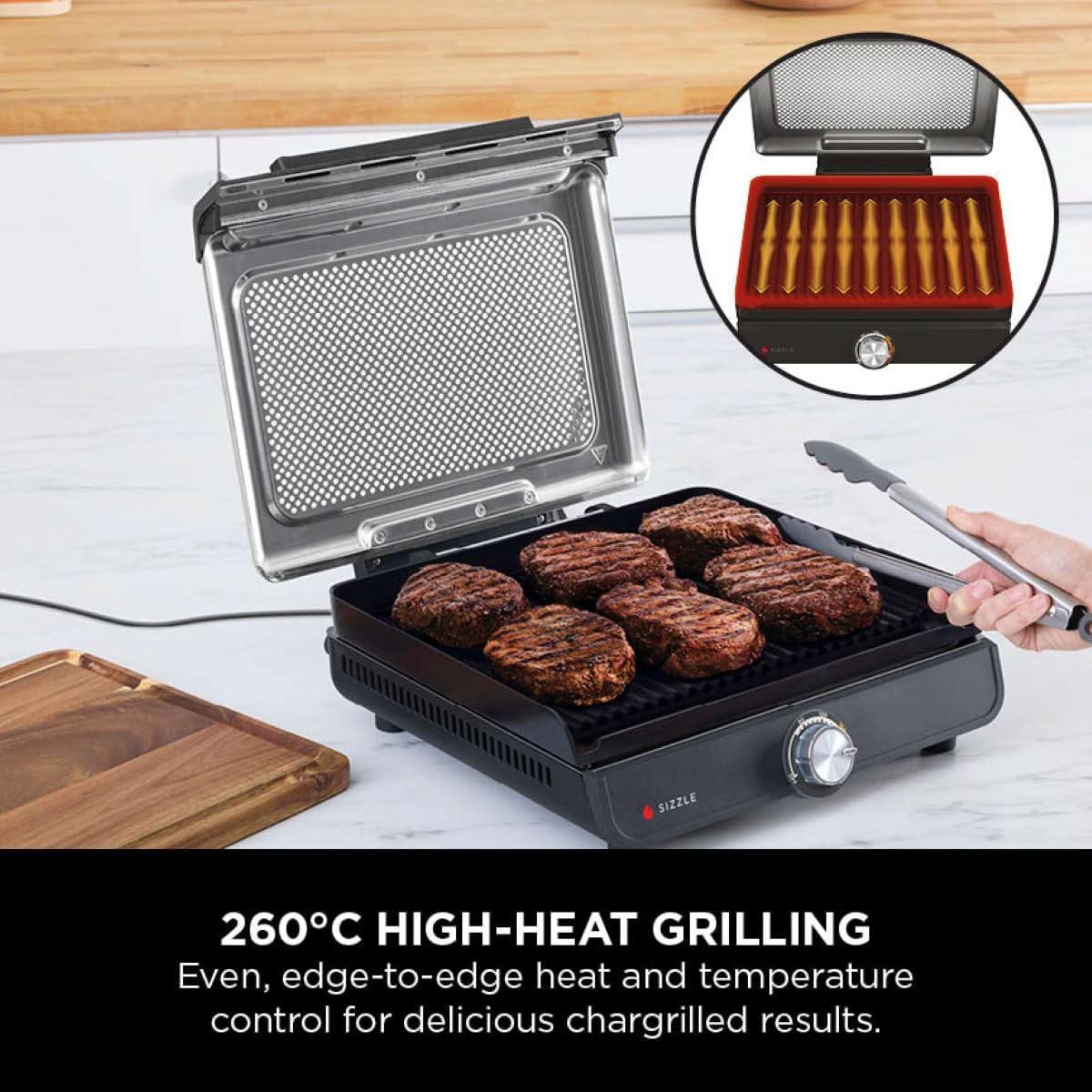 Ninja Sizzle Low Smoke Electric Indoor Grill & Flat Plate, 1460W, with Non-Stick Grill Plate & Flat Top Plate, Detachable Dishwasher Safe Lid, Grease Catch & Recipe Guide, Grey GR101UK - Image 6