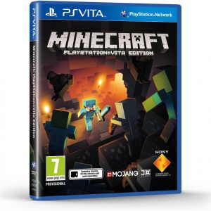 A Minecraft PS Vita game card, resting on a clean white backdrop—its cover art bursting with colour! Look at those iconic blocks and quirky characters; they pop right off the card. Perfect for any gamer, really.