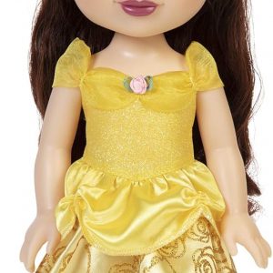 A lovely Disney Princess Belle doll, perfectly poised in her stunning yellow gown—notice that tiara! The shoes, they match too. Her enchanting face and flowing dark hair really bring her to life. Such detail... truly a must-have for any fan.