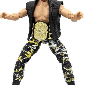 Jon Moxley action figure rocking his AEW gear—check out that iconic outfit! Posed with a chair, because why not, right? Facial details are on point, capturing that fierce look. Neutral backdrop keeps it classic. Perfect for fans—seriously, you gotta have this!