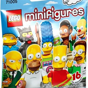 A sealed mystery bag featuring a LEGO The Simpsons minifigure—bright packaging, eye-catching character artwork. Who knows which character you'll get? It's like a little surprise waiting to be unwrapped, feels nostalgic too.