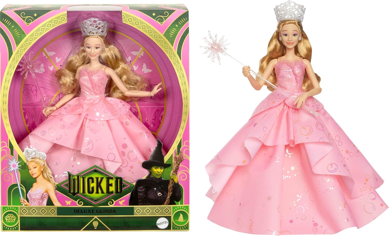 This Glinda Deluxe Doll is decked out in a massive pink ballgown—so much ruffle and shimmer. She’s holding a wand, a tiara atop her head, in this elegant pose. Perfect for display, right? Just imagine her in your collection.