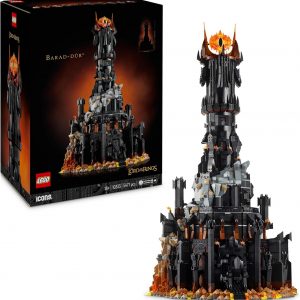 Sauron LEGO figure—dark and imposing—looming over the Barad-dûr fortress model, the Eye of Sauron glaring ominously from above. Every little detail captures that menacing vibe, sending chills down your spine.