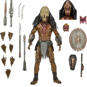 NECA Ultimate Feral Predator action figure, all decked out in wild multicolour patterns—check out those fierce facial details, right? It's got this super unique armoured look and comes with a spear gun, too. Set against a chill background, it really pops.