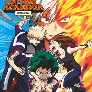 Cover art for My Hero Academia Season 2, where the main characters strike bold, dynamic poses—like they're ready to leap right out of the frame. The city skyline looms behind them, bursting with vibrant colours and energy. It’s a lively mash-up that just screams action!