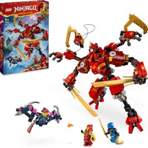 A wild LEGO Ninjago set featuring Kai's Mech—like, check out those bright, eye-popping colours! Side by side with minifigures Climber Kai and Climber Jay. The mech, oh man, it’s fully posable. Perfect for epic battles or just a cool display piece.