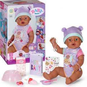 Eva doll, rocking a vibrant rosa hue—she's got this joyful smile, you know? Decked out in a cute pink outfit while chillin' on a white surface, and yeah, she's got a feeding bowl in hand. Adorable vibes all around!