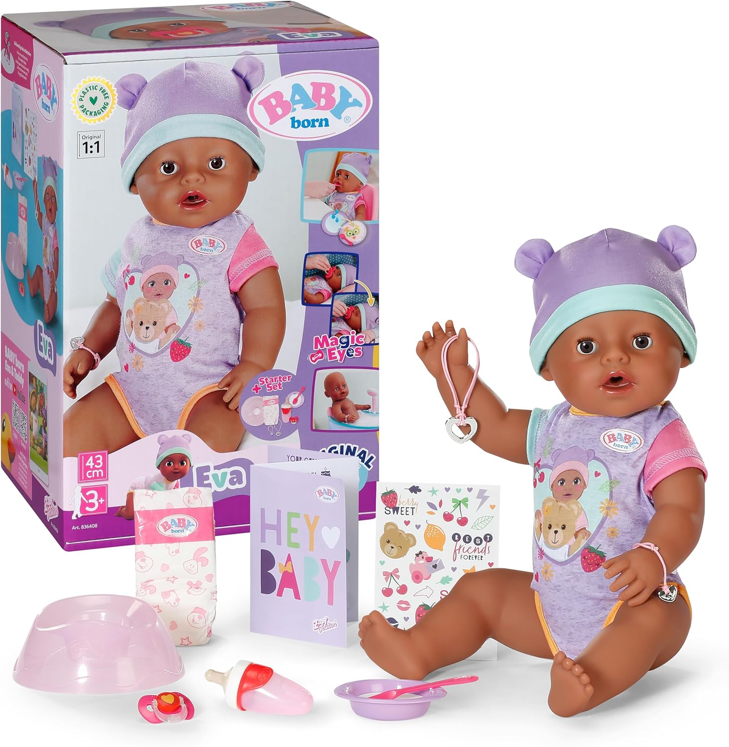 Eva doll, rocking a vibrant rosa hue—she's got this joyful smile, you know? Decked out in a cute pink outfit while chillin' on a white surface, and yeah, she's got a feeding bowl in hand. Adorable vibes all around!