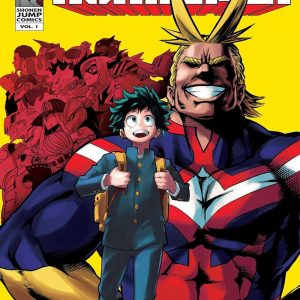 Cover of "My Hero Academia Vol 1" — Izuku Midoriya strikes a fierce superhero pose, his expression full of determination. The wild colours behind him pop, creating an electrifying atmosphere. You can almost feel the energy jumping off the page.