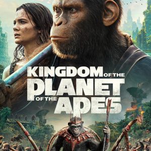 DVD cover for "Kingdom of the Planet of the Apes"—the silhouette of a powerful ape looms large against a fiery sunset. It's bold, striking, and kinda makes you think. Bright colours swirling like the chaos within the story.
