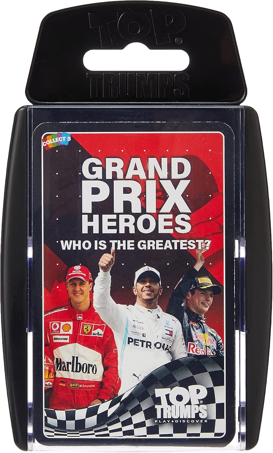 A lively box for the Grand Prix Hero 2 card game—bursting with colours. Racing graphics dance across the surface, grabbing attention, while the game title stands tall and proud. Perfect for adrenaline junkies and card game lovers alike.