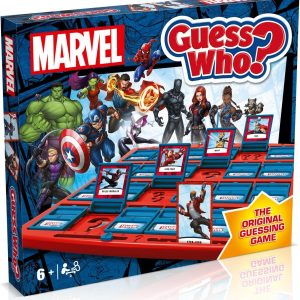A vibrant Guess Who Superheroes game box—it's packed with bold superhero artwork, the title jumping out at you. Perfect for some intense family showdowns or just to brighten up your game shelf!