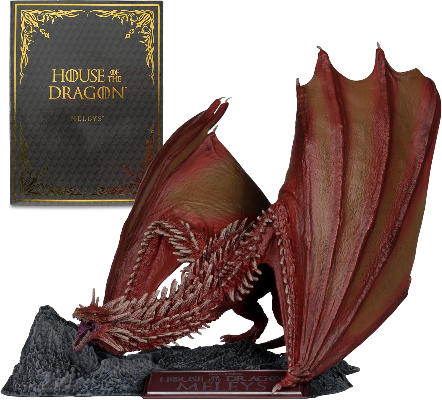 Meleys figure from House of the Dragon—check out those fiery scarlet scales! Copper accents shine bright, too. She’s standing tall on a display base, looking fierce against a plain backdrop. Quite the standout piece, really.