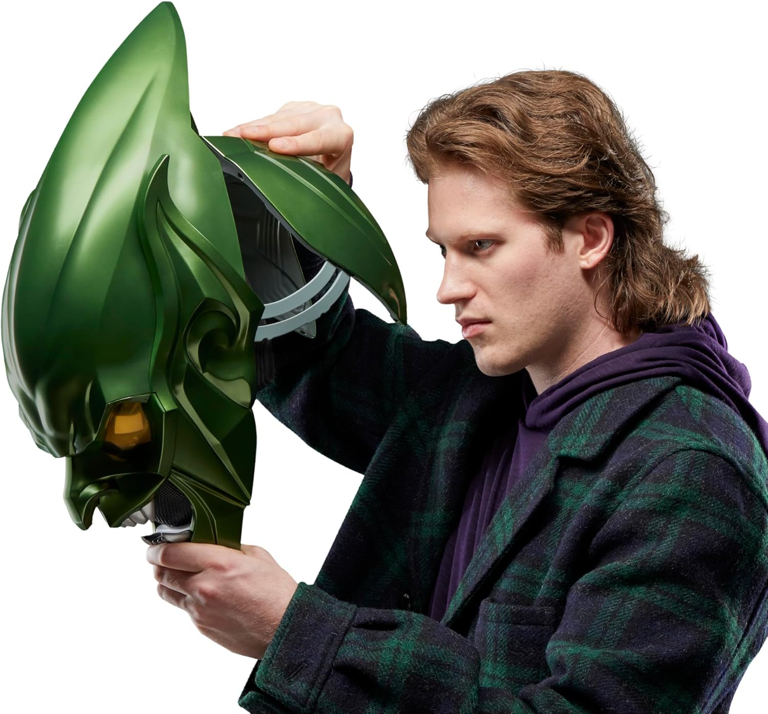 Vibrant Green Goblin mask—shiny metallic finish, making it pop against a simple backdrop. Perfect for spicing up any costume or just showing off.