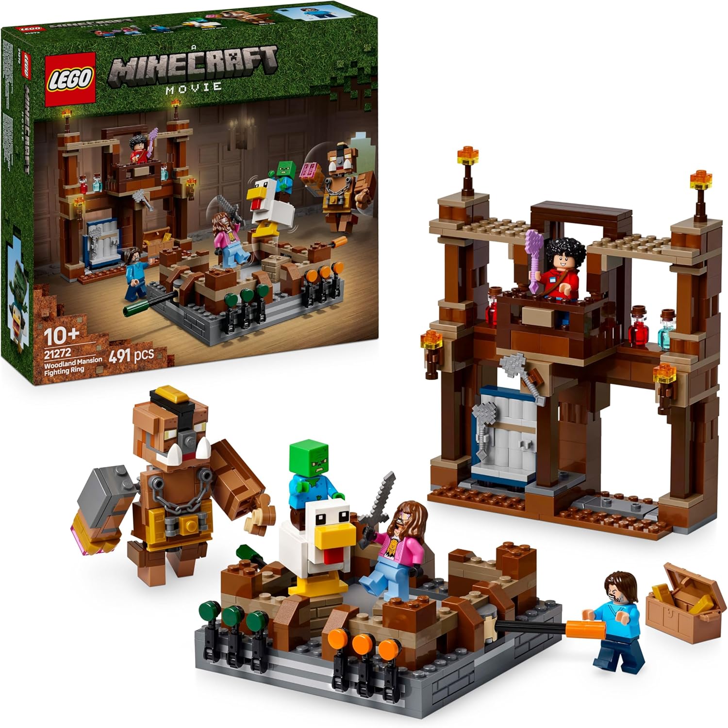 LEGO Minecraft Woodland Mansion Fighting Ring set—it's a kaleidoscope of colours, packed with quirky characters. Accessories scattered around, all set against a lively backdrop. Looks like a blast for fans!