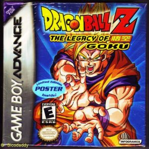 Cover art for Dragon Ball Z: The Legacy of Goku—vivid colours explode across the scene. Goku, intense as ever, locks eyes with Vegeta; Frieza lurking ominously in the background. Action oozes from every pixel, giving a taste of the epic battles within.