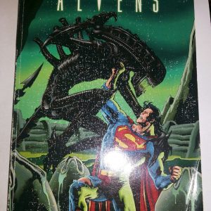 Superman striking a fierce pose, ready to take on some aliens—check out those wild, vibrant colours and comic book flair! It’s like he’s leaping right off the page.