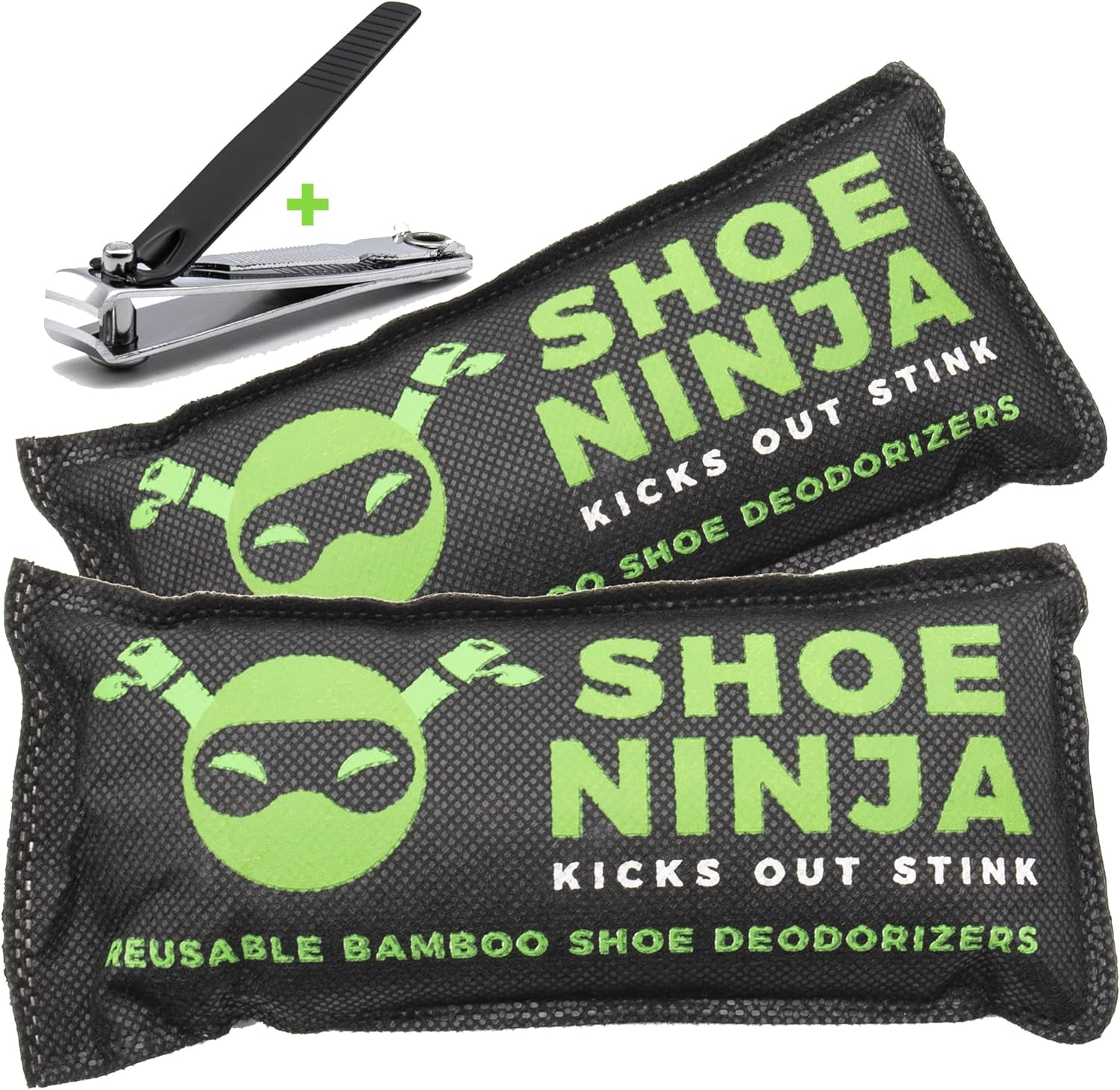 Two Shoe Ninja Shoe Deodorisers chilling in a cotton pouch—sitting pretty on a rustic wooden surface. You can spot a pair of sneakers lurking just behind, probably glad for the fresh vibes.