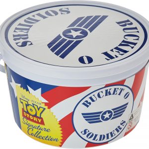 A bright green bucket overflowing with 72 lively Toy Story soldiers—each in their own quirky pose. Oh, and there are two awesome parachute guys too! All set against a clean white backdrop.