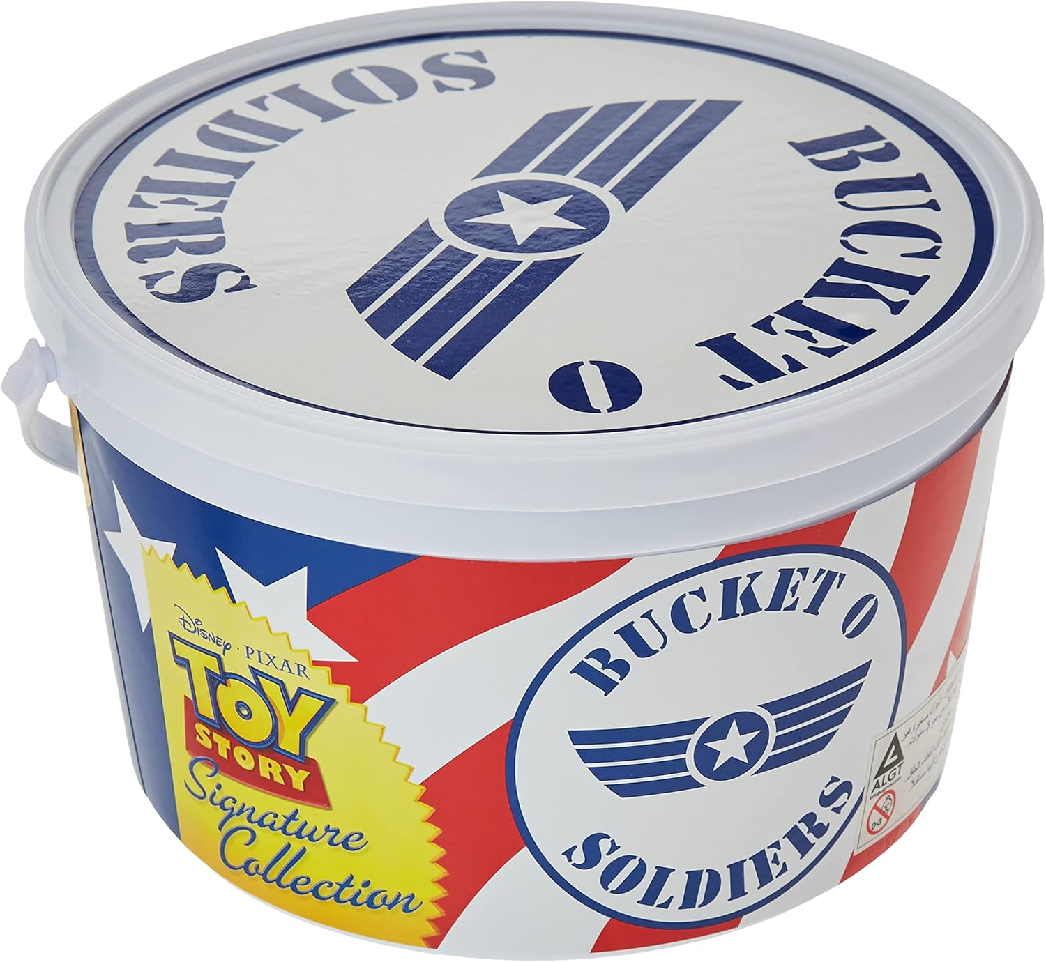 A bright green bucket overflowing with 72 lively Toy Story soldiers—each in their own quirky pose. Oh, and there are two awesome parachute guys too! All set against a clean white backdrop.