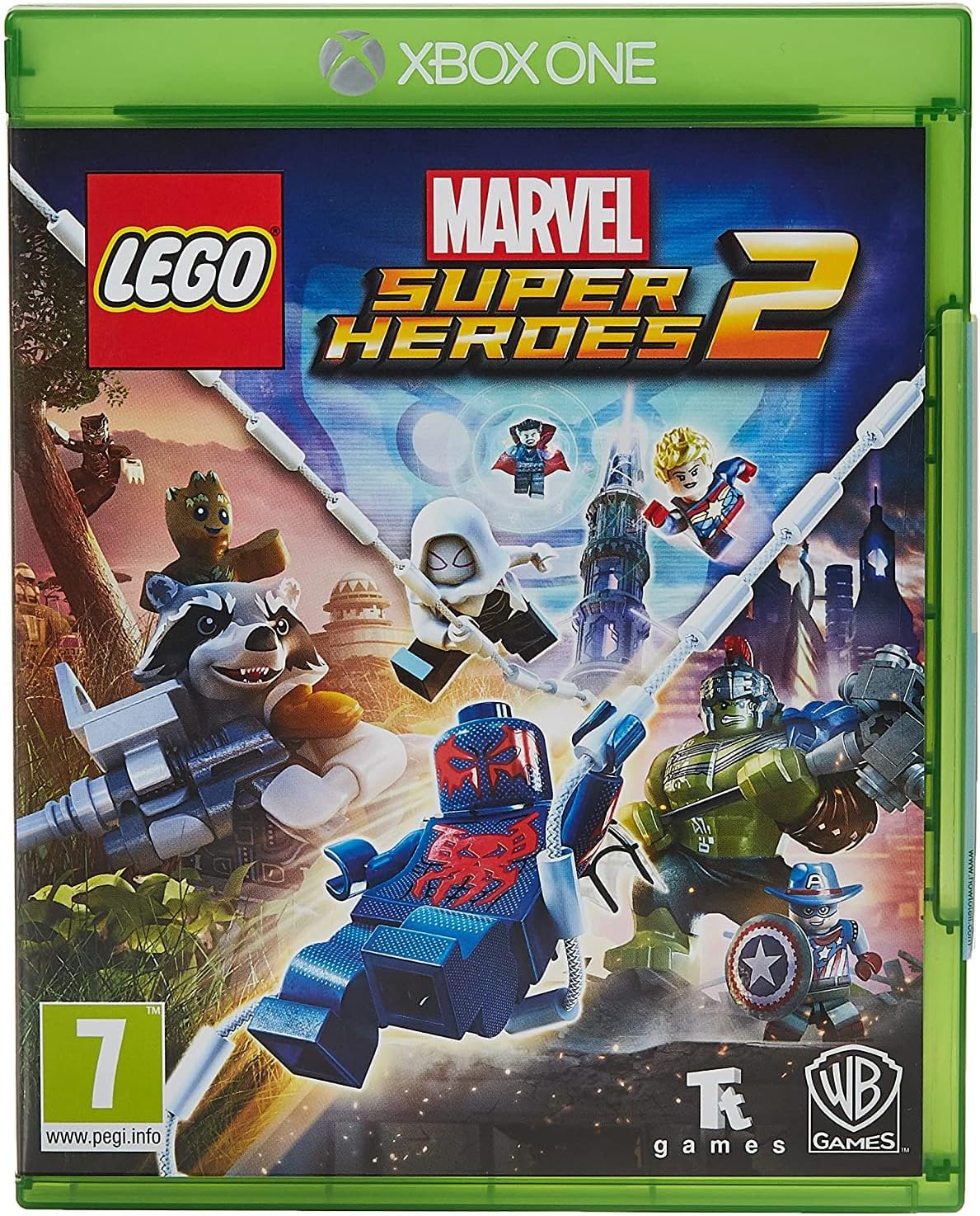 A wild mash-up of LEGO Marvel Super Heroes — Doctor Strange, Spider-Gwen, the Green Goblin — all popping against a crazy colourful backdrop.