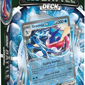 Greninja ex Battle Deck—it's got a lively card layout, plus a playmat, some damage counters, and a shiny metallic coin. Everything's packed snugly in this eye-catching box—perfect for diving into battle!