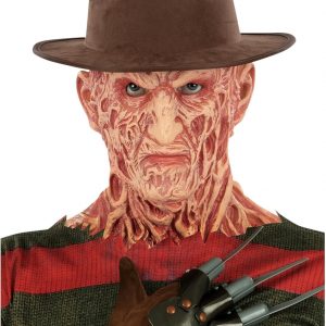 Faded brown and green striped Freddy Krueger hat—looks like it’s seen some serious nightmares. Tattered edges, giving off that eerie vibe you just can’t shake. Perfect for Halloween or a horror-themed bash.
