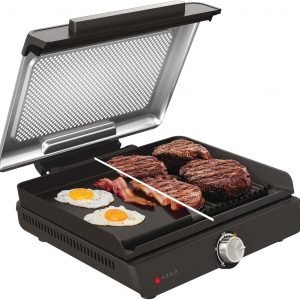Ninja Sizzle indoor grill, sleek in black—comes with a non-stick grill plate, handy mesh lid, and a grease catch. Perfect for those high-heat cooking moments when you need to fire things up!