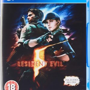 Cover art of Resident Evil 5 for PS4, showing Chris Redfield and Sheva Alomar caught in an intense action moment. The background? A chaotic world, a hint of danger lurking everywhere. Their expressions—pure focus, grit—grabs you. Just screams adventure and survival, huh?
