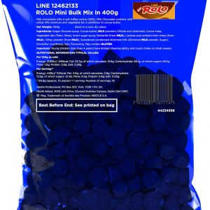 A pack of Miniature Rolos — tiny bites of chocolate-covered toffee goodness. The packaging? Bright and bold, with a clear window just begging you to peek inside and grab one (or maybe a few).