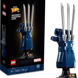 Wolverine LEGO Claw model, set against a stark white backdrop—just look at those intricate details! The clawed glove design pops with posable claws, and the vibrant mix of LEGO pieces really brings it to life. It's like a mini masterpiece.