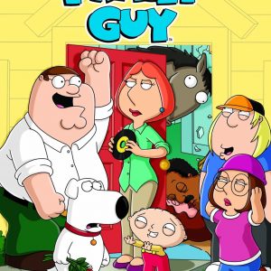 Cover art for "Family Guy 8" bursting with lively illustrations—Peter and Stewie Griffin take centre stage, surrounded by a riot of colours. It's chaotic, fun, and totally captures the show's wild spirit.