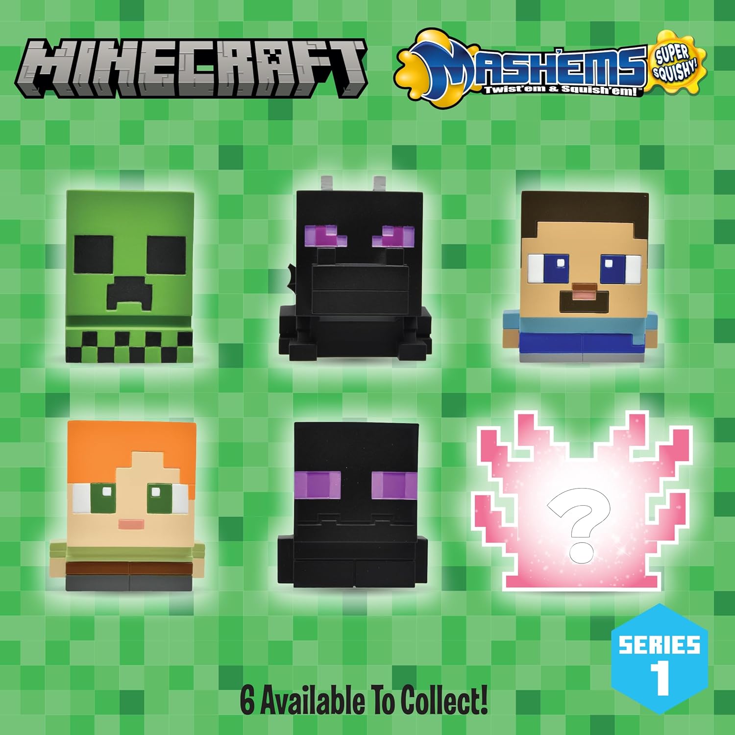 A bunch of vibrant Minecraft Mashems characters all squished up in quirky poses—so fun, right? Each one flaunting its unique design, set against a simple backdrop that lets their colours pop. Seriously, who wouldn't want these little guys?