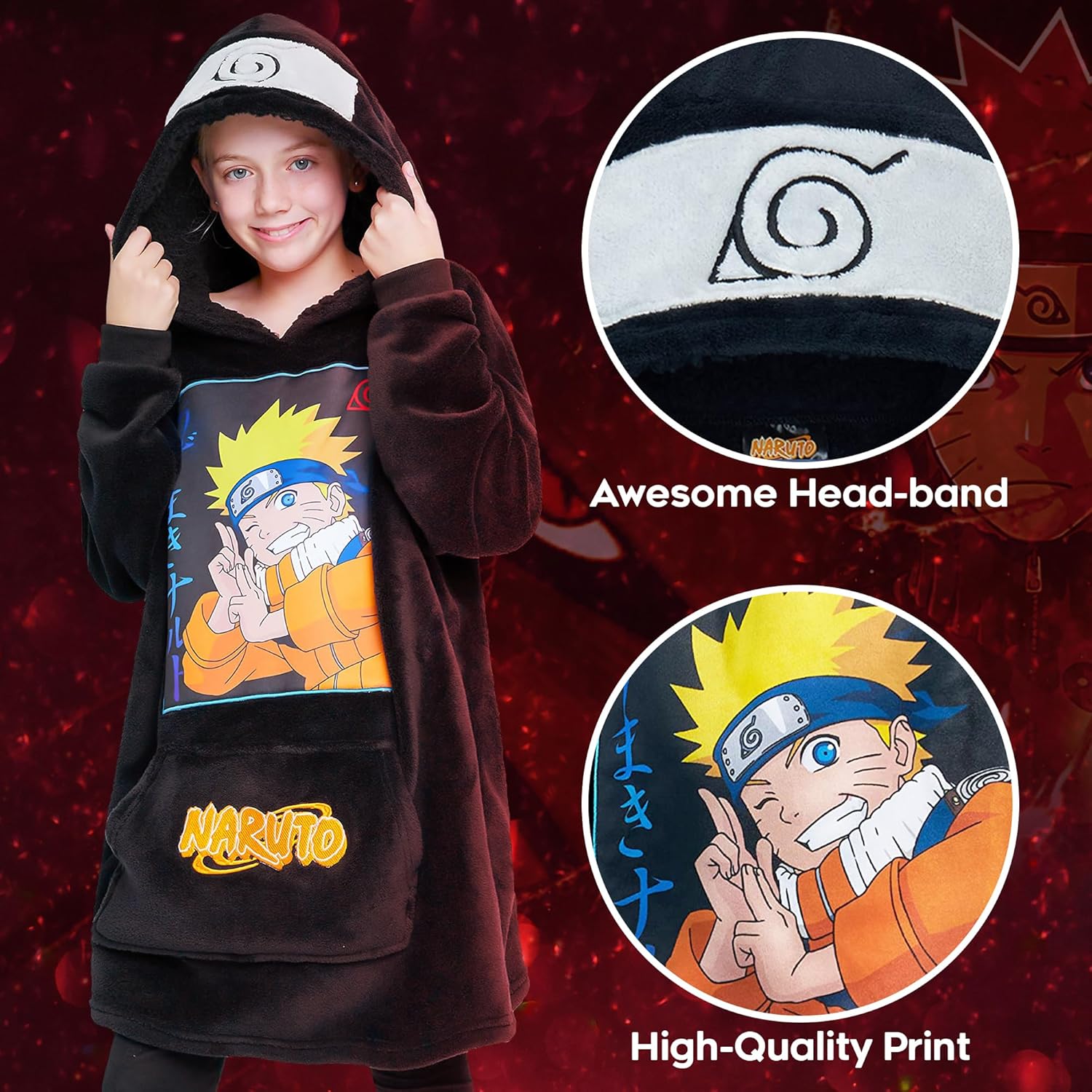 Naruto Oversized Hoodie Blanket for Kids, Anime Hoodie for Boys (Black) - Image 6