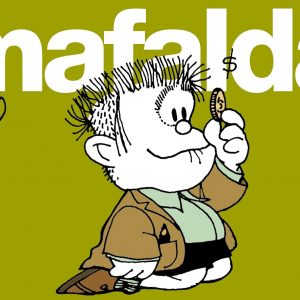 Mafalda cartoon character illustration—set against a lively, eye-popping background. Just look at that quirky hairstyle! Her expression? Deep in thought, as usual. She's got that vibe, you know?