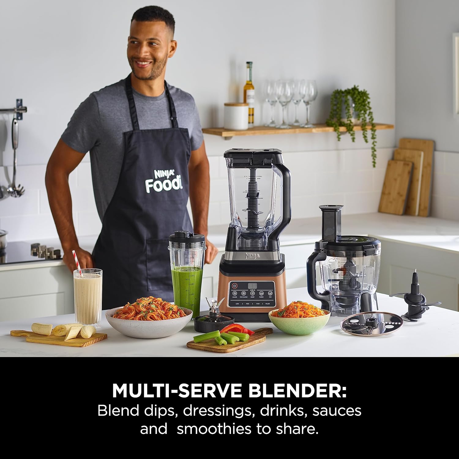 Sleek, black magic—this Ninja Blemder, a 3-in-1 wonder, sits on a kitchen countertop. You’ve got that clear blending bowl, the touch controls just waiting for action. Perfect for whipping up whatever you crave.
