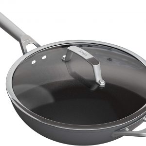 28cm Ninja wok—slick grey, real eye-catcher, right? Comes with a clear glass lid. Check out that non-stick surface! Seriously, it’s built to last.