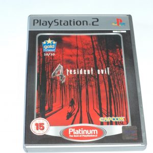 Cover art for Resident Evil 4 on PS2—Leon S. Kennedy stands ready for action, shadows creeping in, a dark forest looming behind him. The tension’s palpable, you can almost feel the dread.