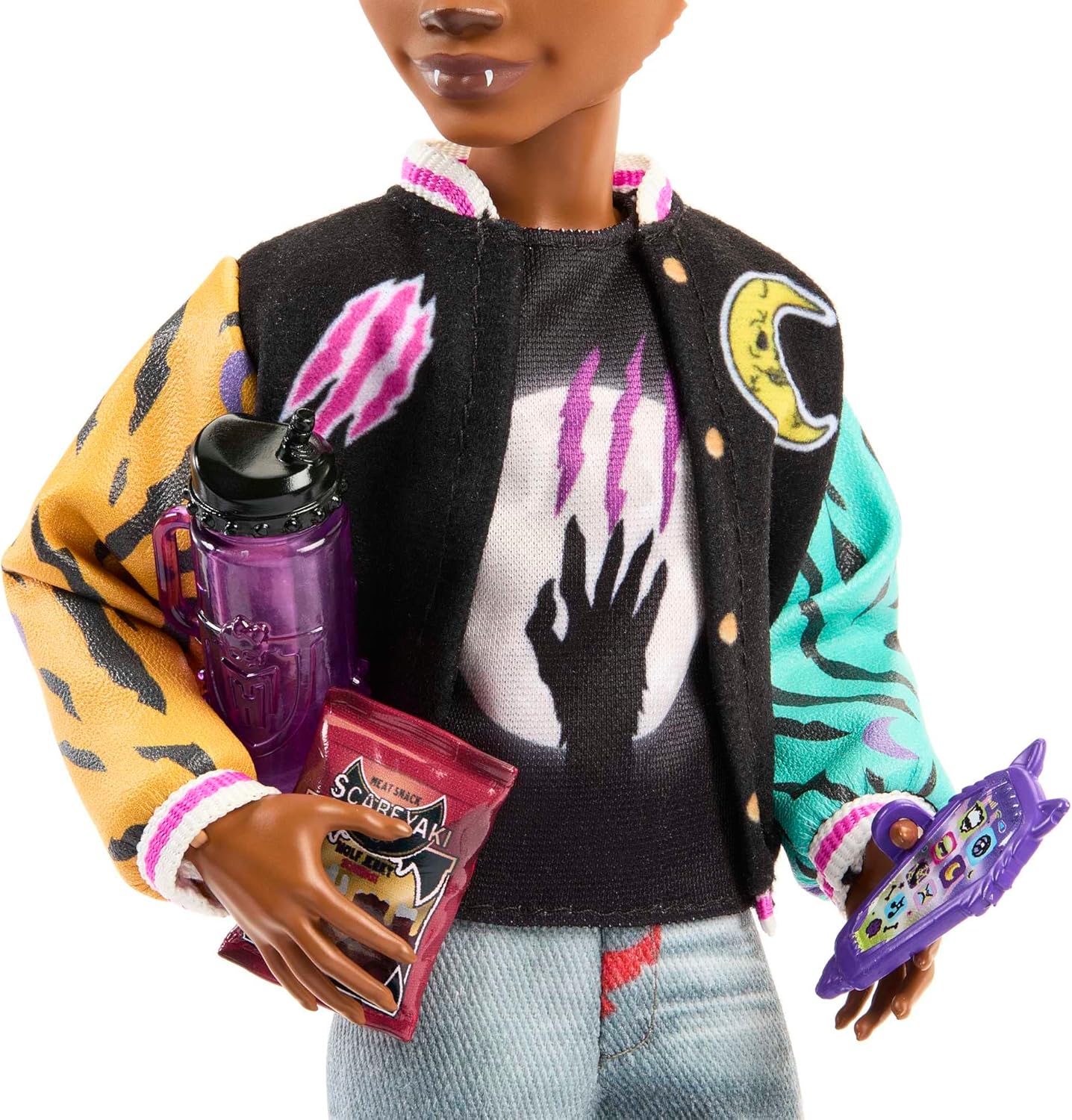 Clawd Wolf doll rocking a varsity jacket, those ripped jeans—so cool—just pops off this bright background. He's got style, no doubt. Perfect for all the fashion fans out there!