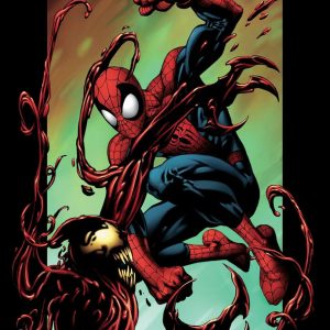 Close-up of the Ultimate Carnage comic book cover—Carnage takes centre stage, all twisted and wild, plunging into chaos. The dark hues wrap around him, and wow, those details? They pull you in like a web.