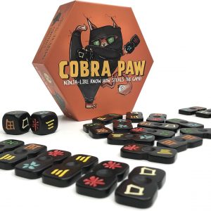 Cobra Paw game box—it's a riot of colours, bursting with illustrated tiles and dice. Perfect for family game nights, it promises fun and chaos all at once. Who wouldn't want to dive into this vibrant madness?