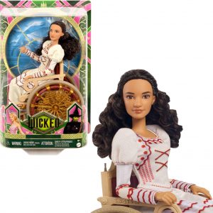 Meet the sassy Nessarose doll—rocking a dress with puff sleeves and edgy red stitching. The whole look, complete with sparkly slippers, is just killer. And don’t miss that golden wheelchair—it's not just a prop, it’s a statement piece.